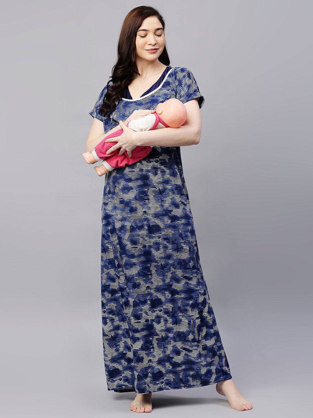 

Pretty Awesome Blue Printed Maternity Maxi Nightdress