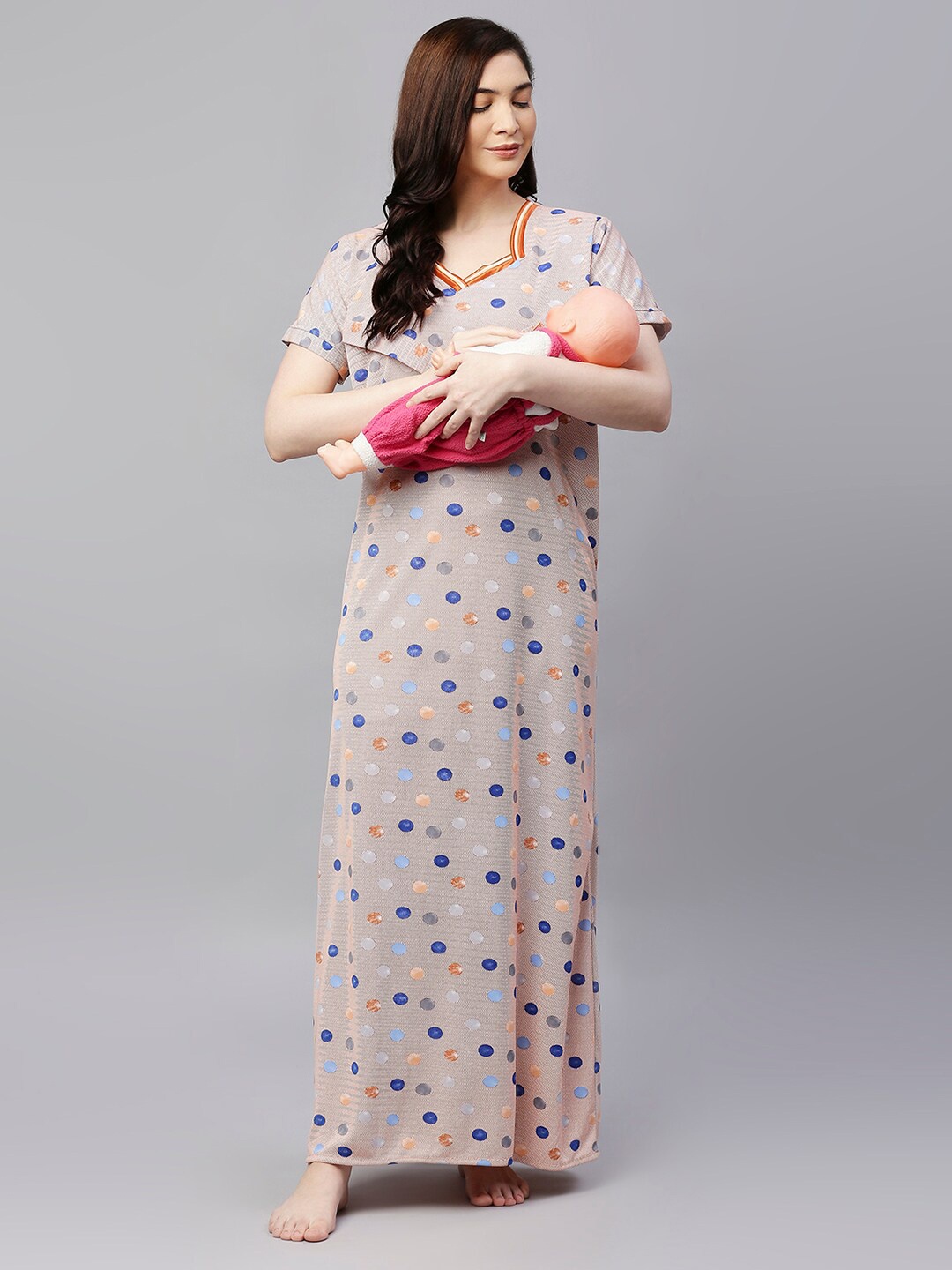 

Pretty Awesome Beige Printed Maternity Feeding Maxi Nightdress