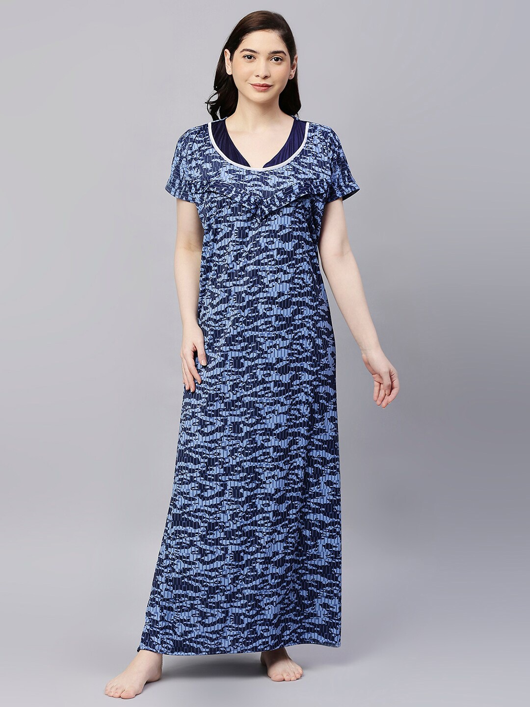 

Pretty Awesome Navy Blue Printed Maxi Maternity Feeding Nightdress