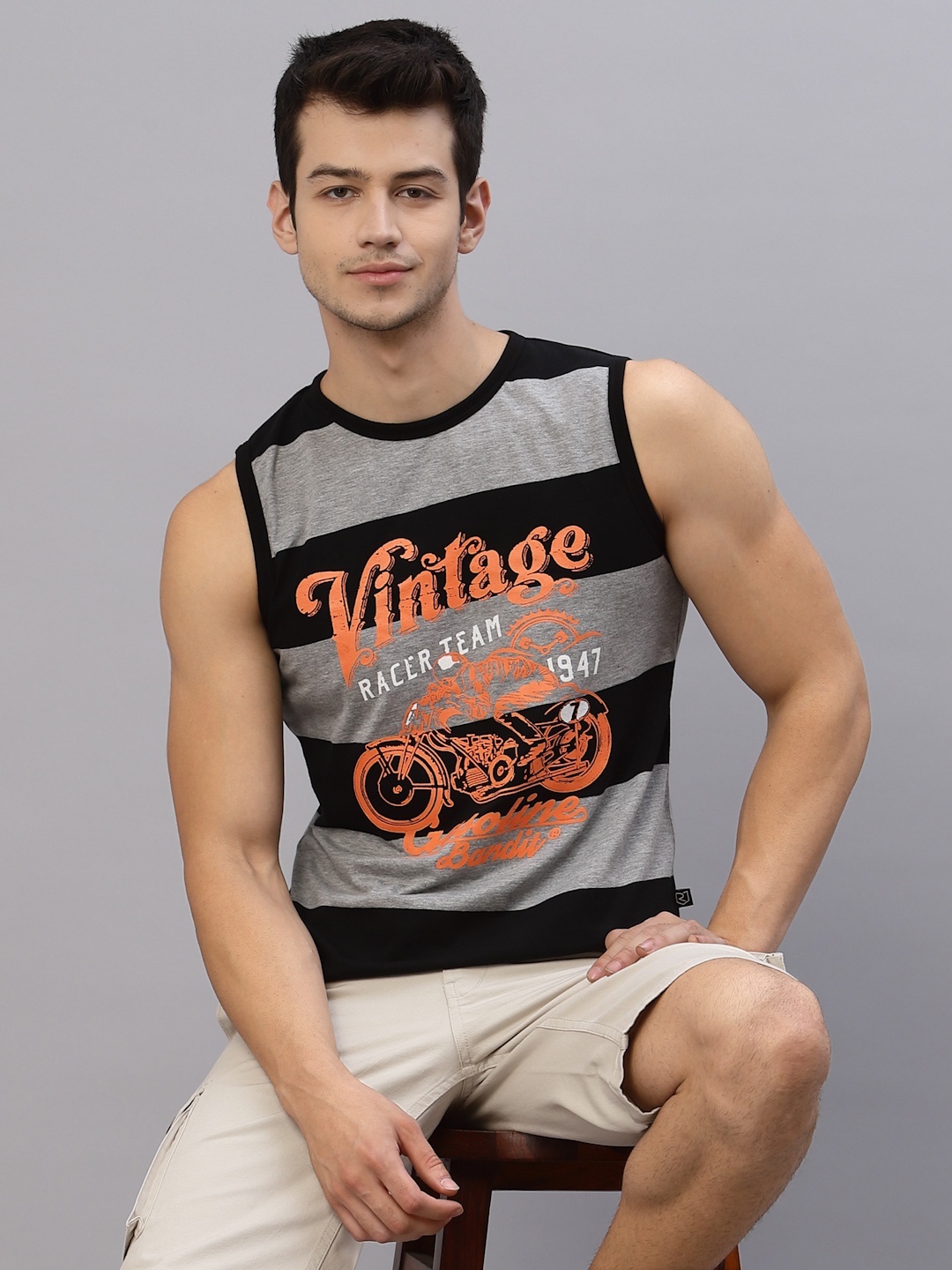 

Rigo Men Grey Black Stripe Printed Round Neck Sleeveless T-Shirt Vest