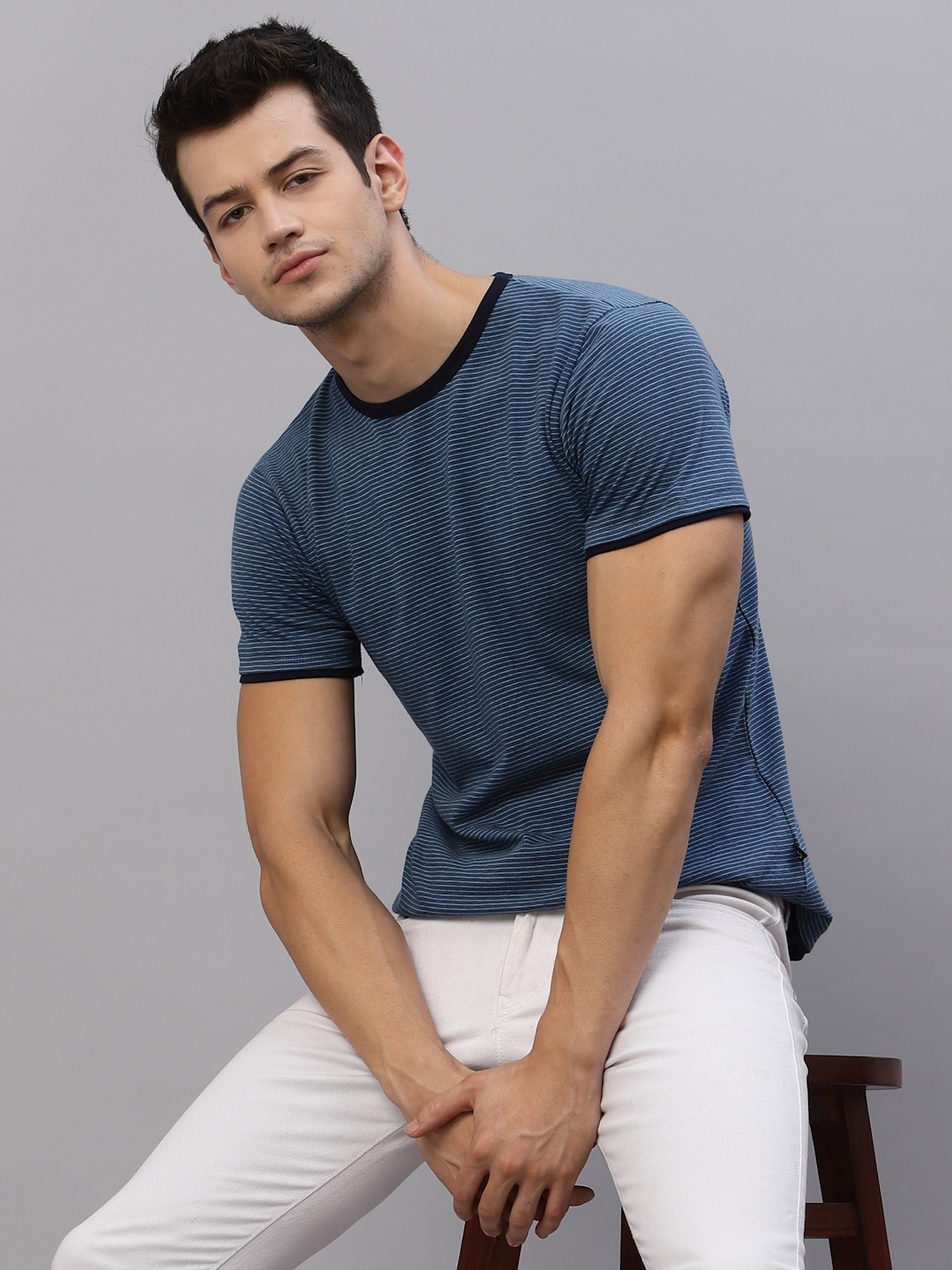 

Rigo Men Blue Stripe Round Neck With Contrast Detail Half Sleeve T-Shirt