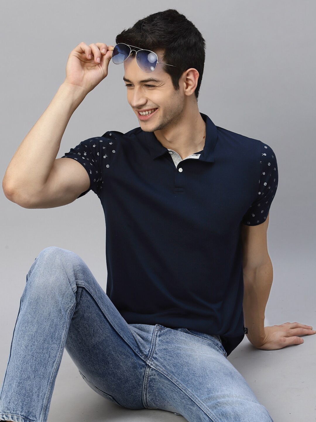 

Rigo Printed Polo Collar Cotton T-shirt, Navy blue
