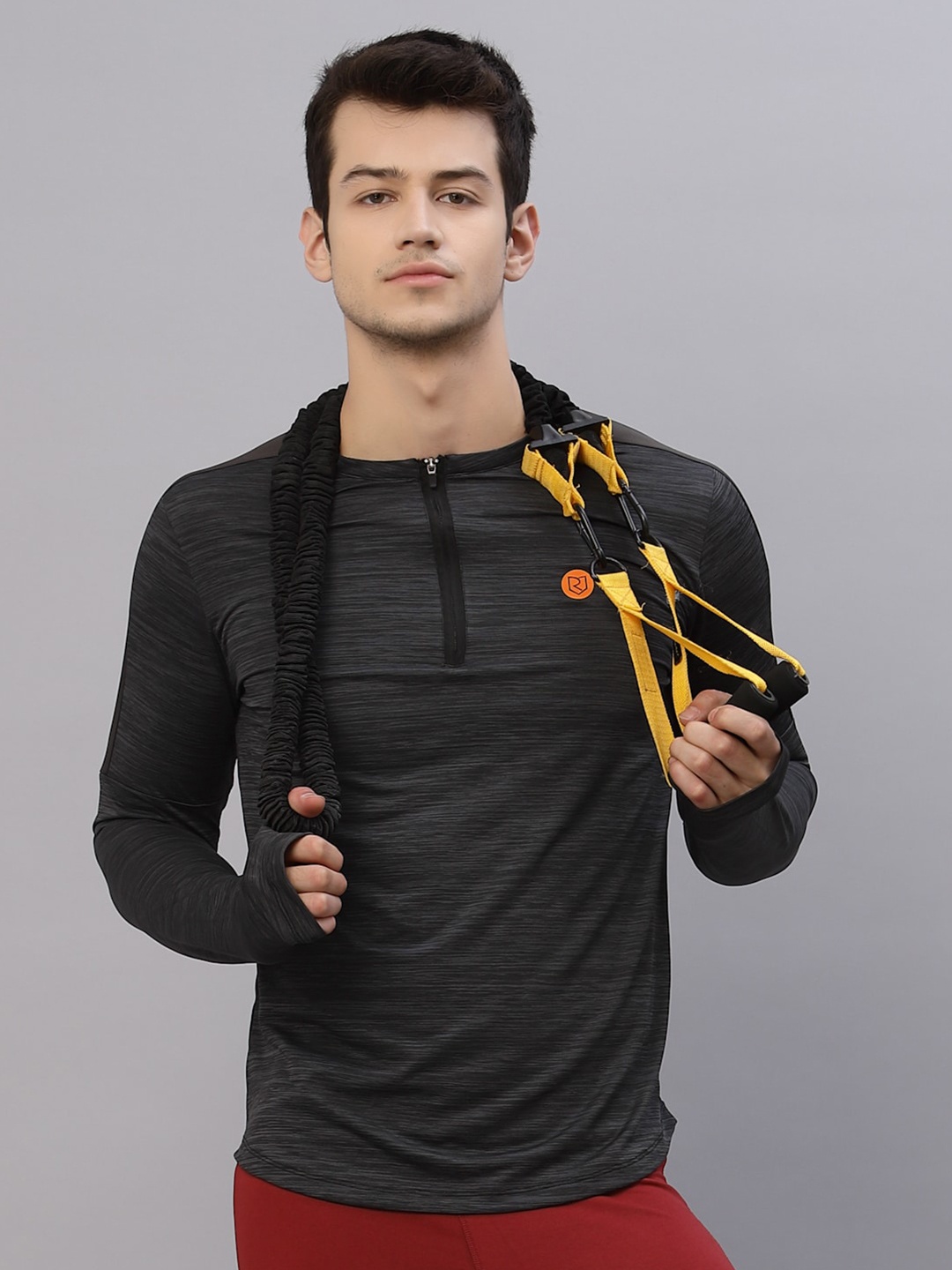 

Rigo Men Charcoal Henley Neck Full Sleeve Activewear T-Shirt, Grey melange