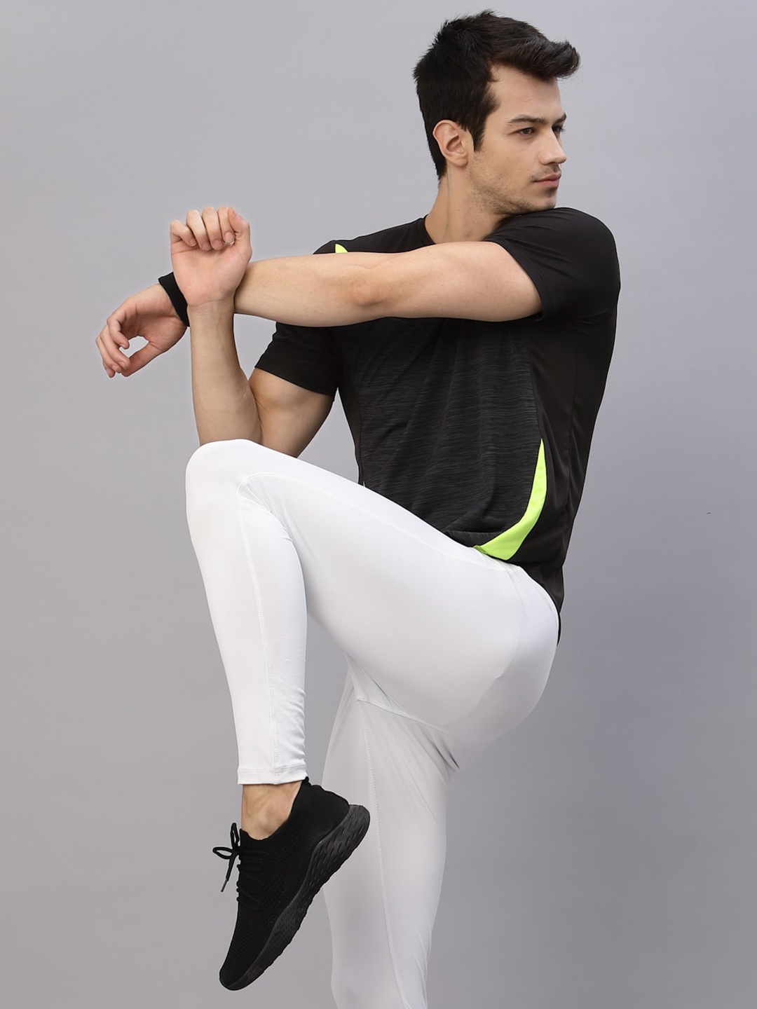 

Rigo Men Black Charcoal Cut & Sew Round Neck Half Sleeve Activewear T-Shirt