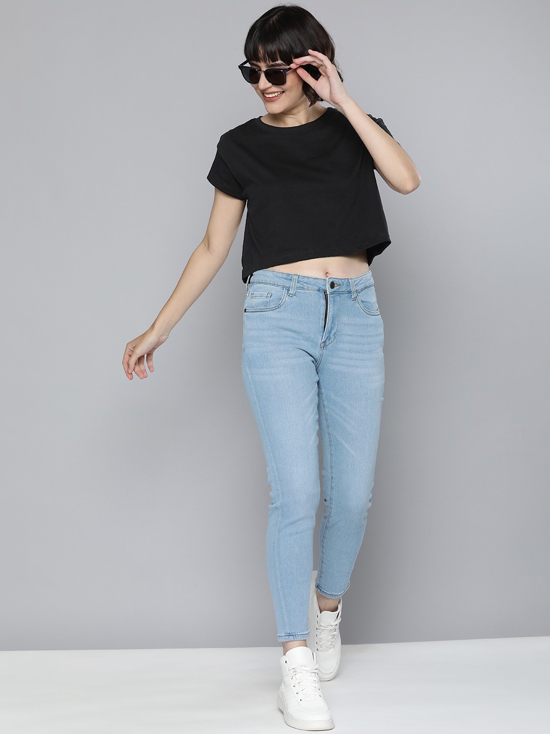 

HERE&NOW Women Black Solid Pure Cotton Crop T-shirt