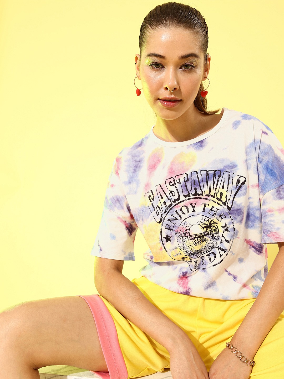 

Moda Rapido Women White & Blue Tie and Dye Drop-Shoulder Sleeves Pure Cotton T-shirt