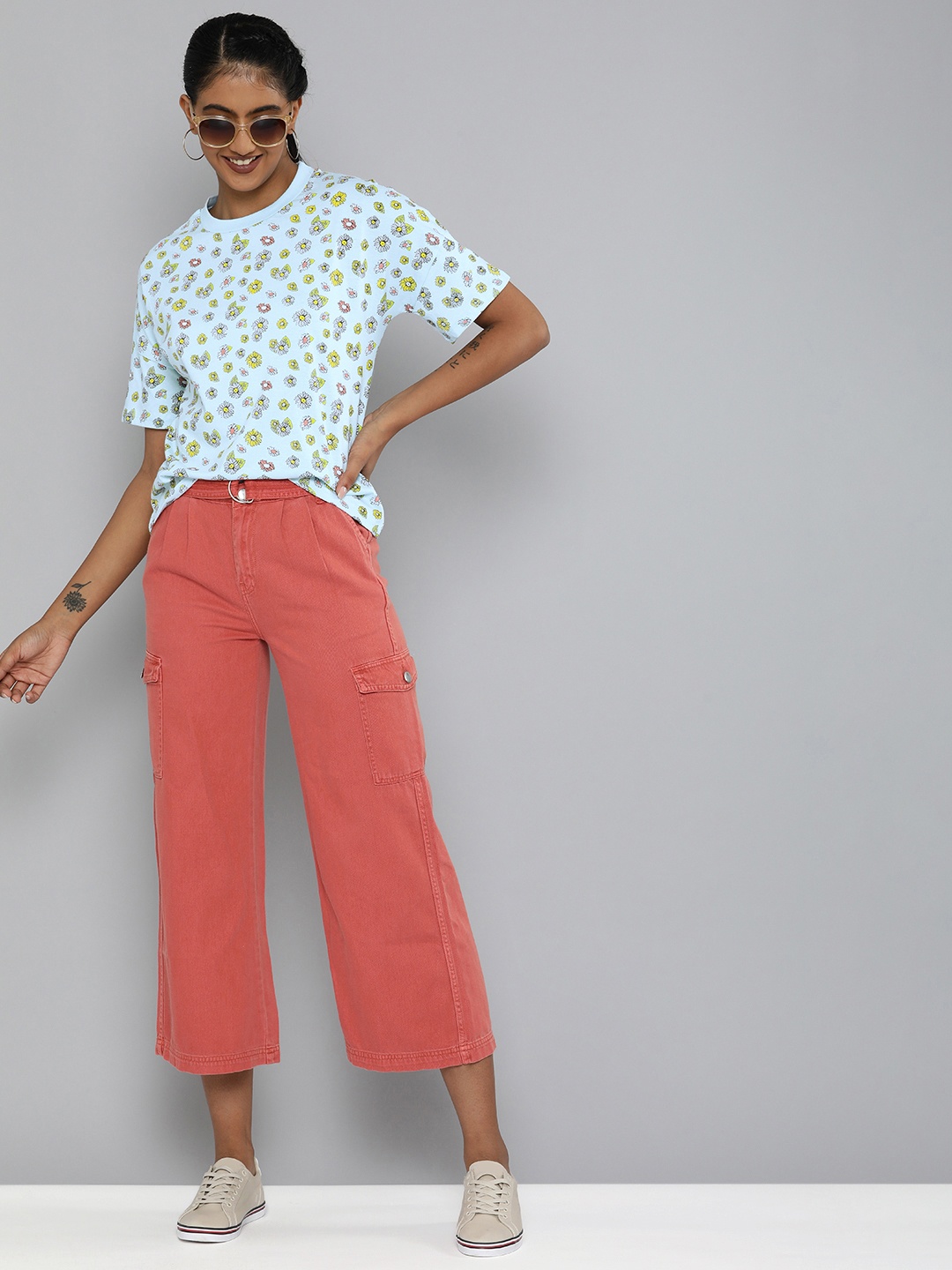 

HERE&NOW Women Blue Floral Printed Extended Sleeves Pure Cotton T-shirt