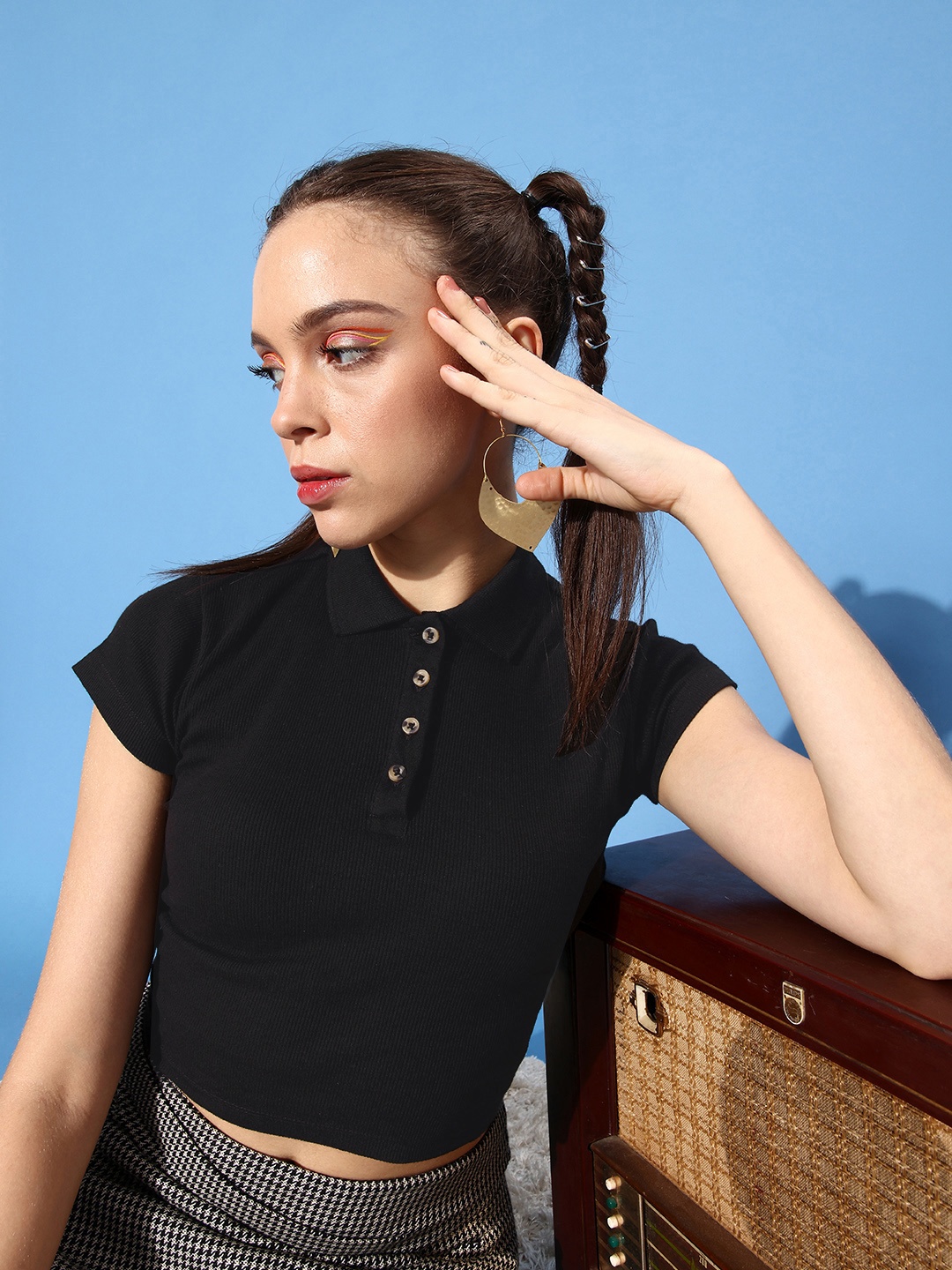 

HERE&NOW Women Stunning Black Solid Cropped Polo Tshirt