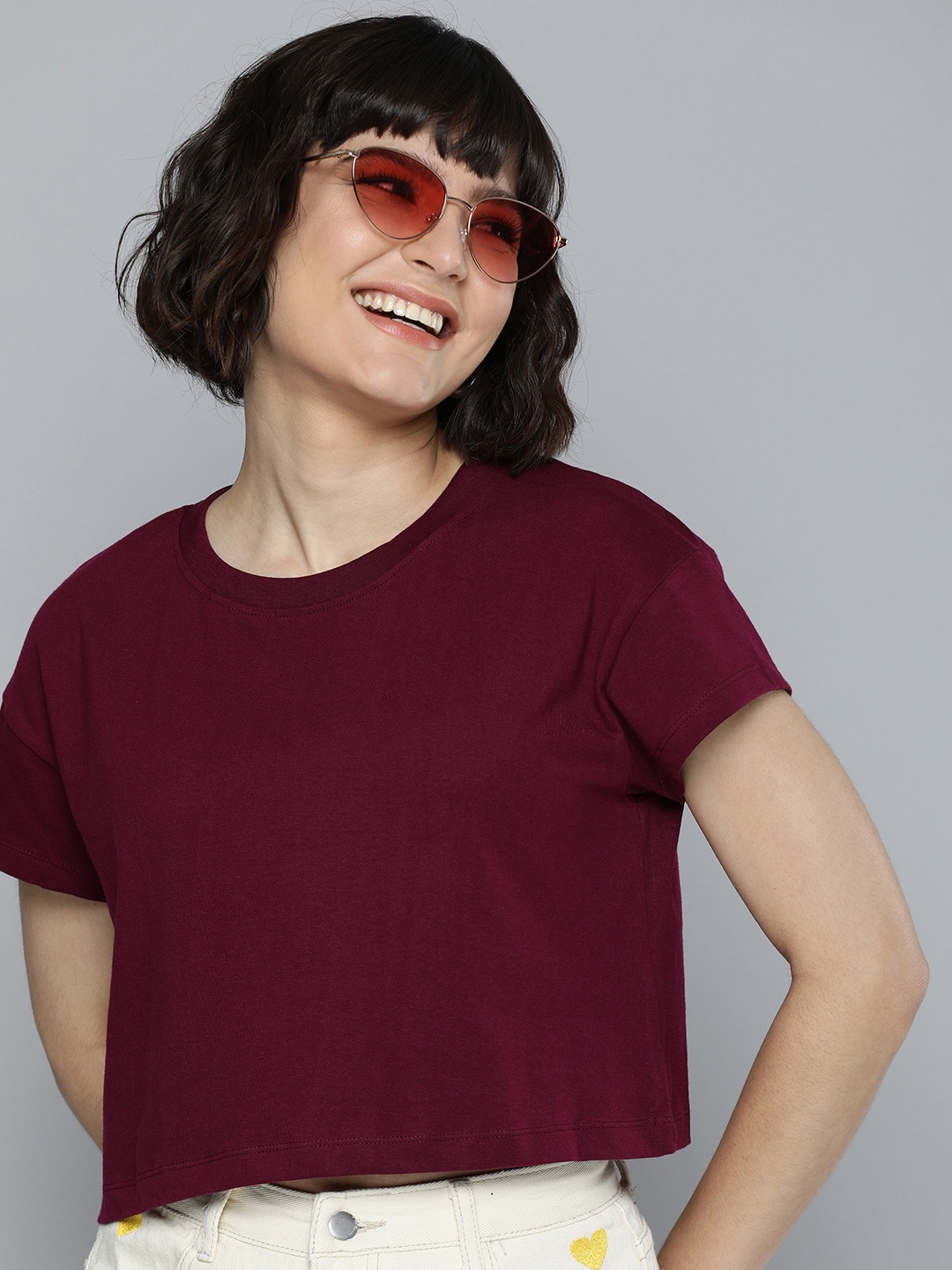 

HERE&NOW Women Maroon Solid Drop-Shoulder Sleeves Pure Cotton Casual T-shirt