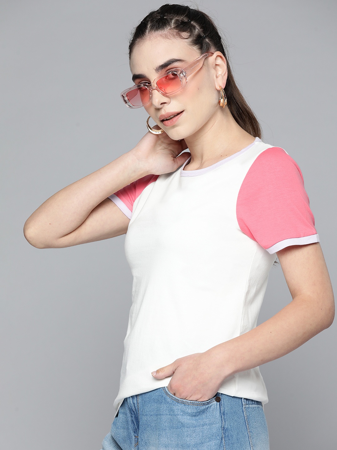 

HERE&NOW Women Off White Solid Pure Cotton T-shirt