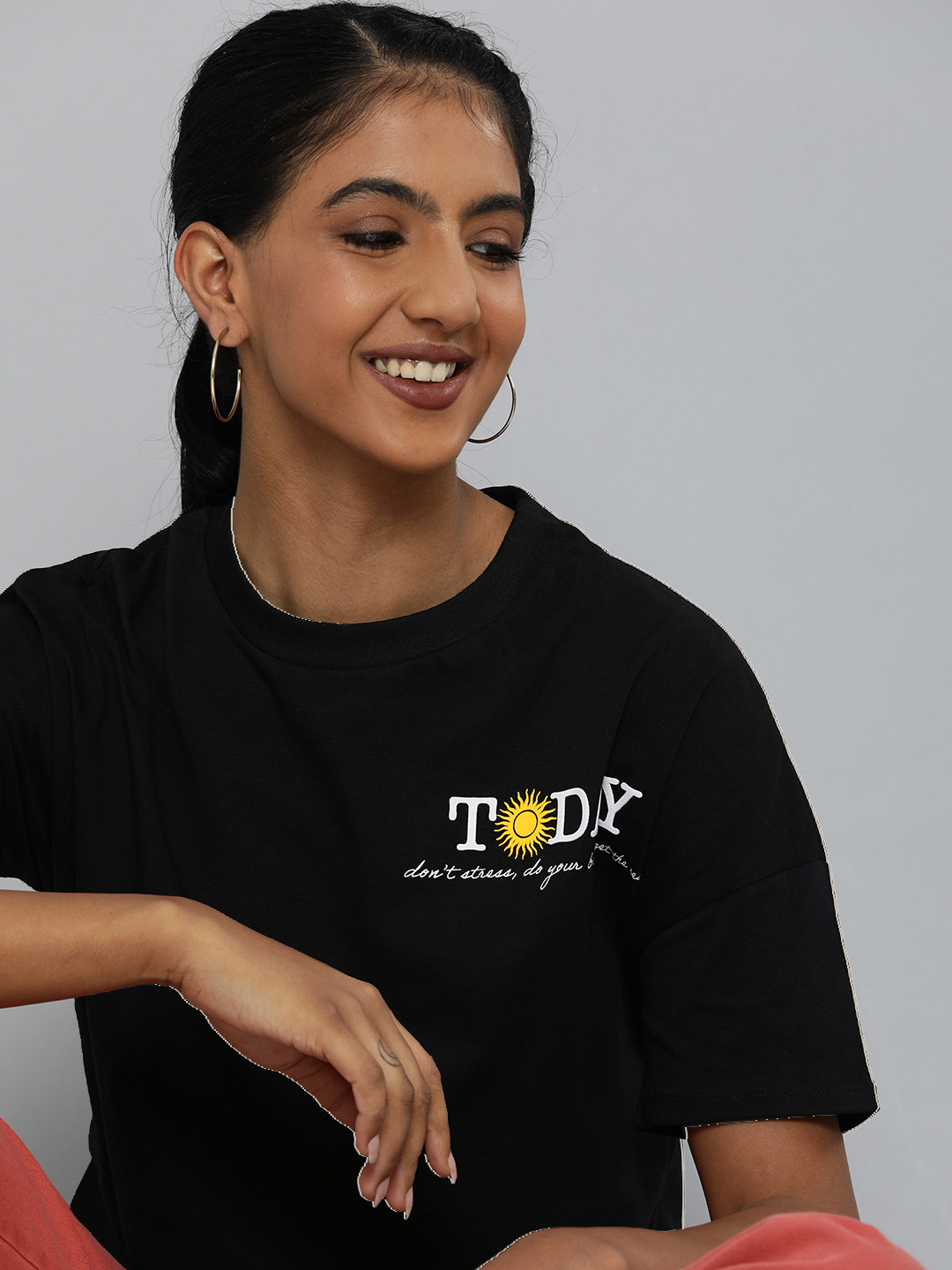 

HERE&NOW Women Black Typography Printed Extended Sleeves Pure Cotton T-shirt