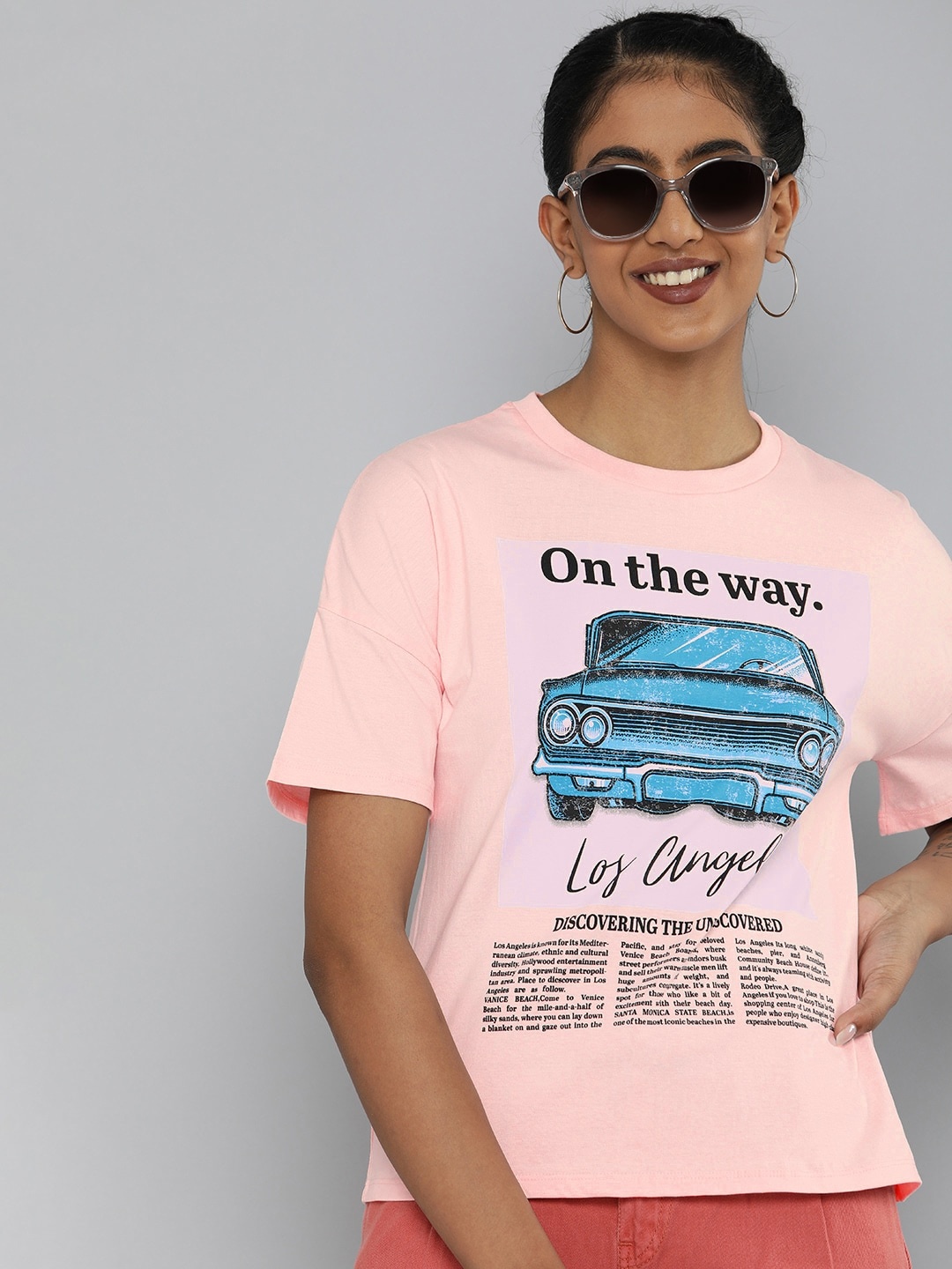 

HERE&NOW Women Pink Printed Extended Sleeves Pure Cotton T-shirt