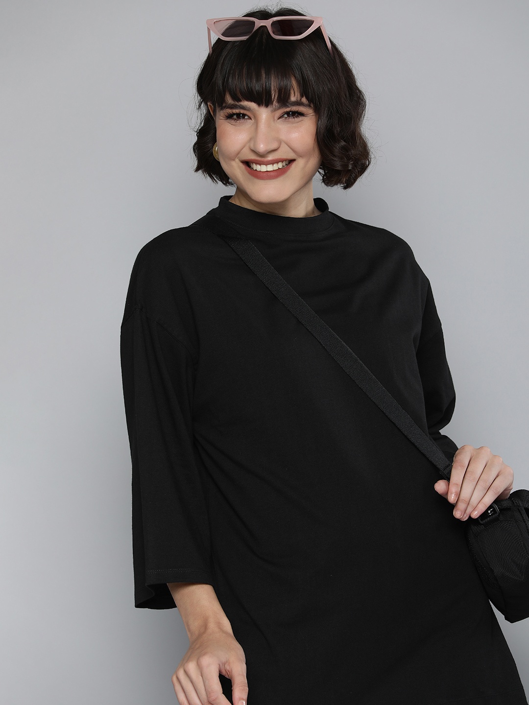

HERE&NOW Women Black High Neck Drop-Shoulder Sleeves Loose Pure Cotton T-shirt