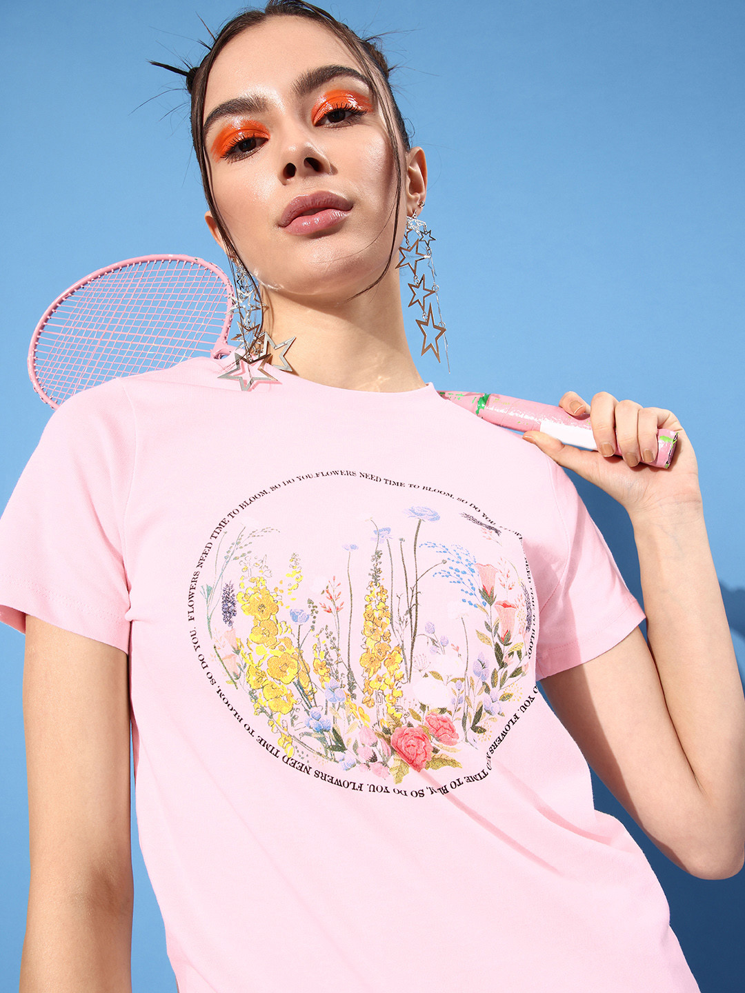 

Moda Rapido Women Pink Floral Joyful Conversation Tshirt