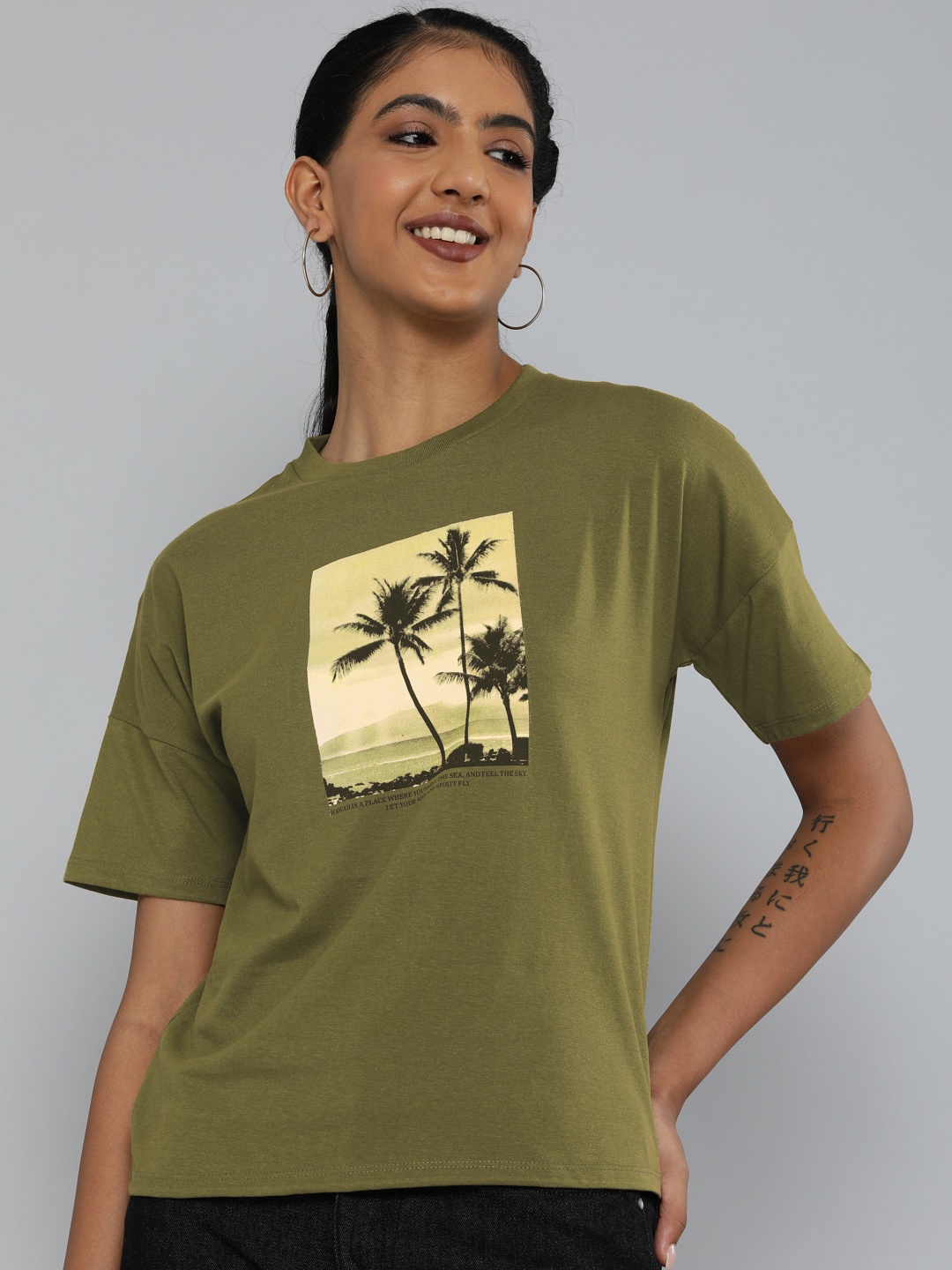 

HERE&NOW Women Olive Green Tropical Print Extended Sleeves Pure Cotton T-shirt