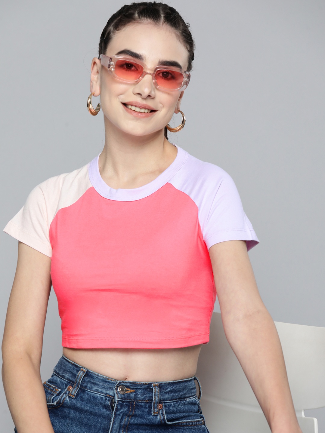 

HERE&NOW Women Pink & Lavender Colourblocked Pure Cotton Crop T-shirt