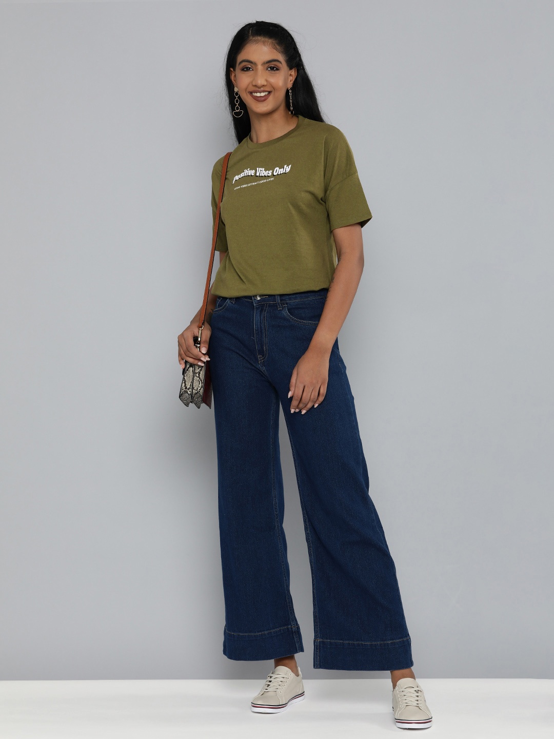 

HERE&NOW Women Olive Green Typography Print Extended Sleeves Pure Cotton T-shirt