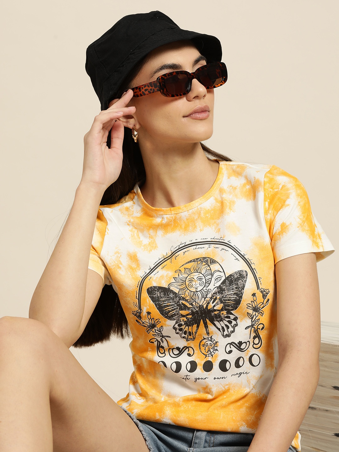 

Moda Rapido Women Mustard Yellow & White Printed Pure Cotton T-shirt