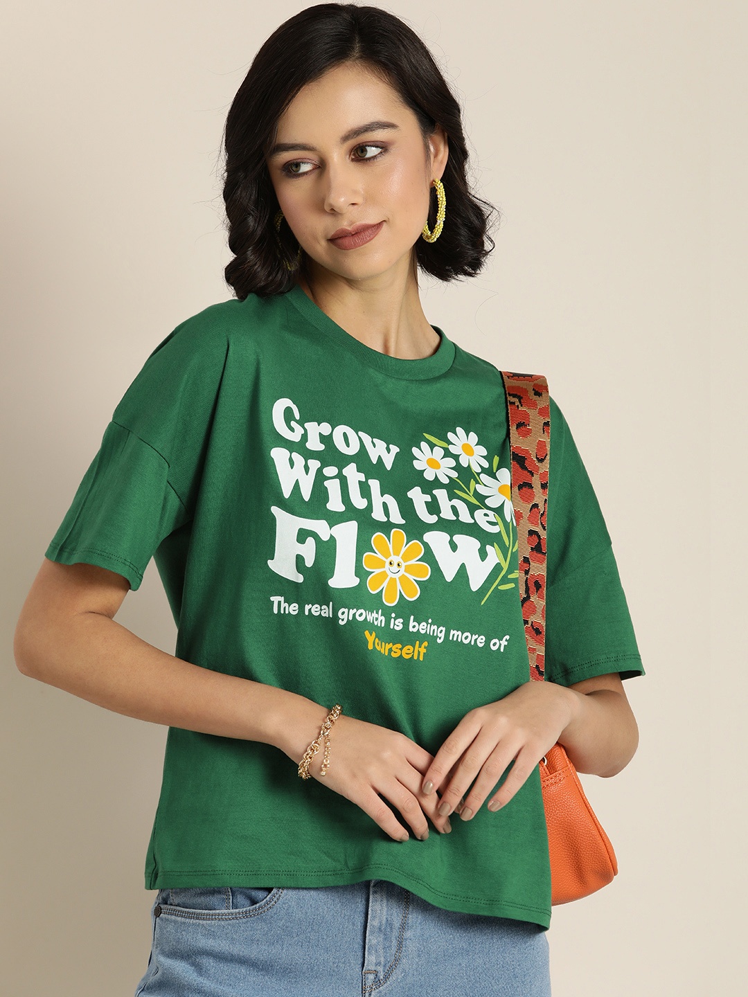 

Moda Rapido Women Elegant Green Typography Joyful Conversation Tshirt