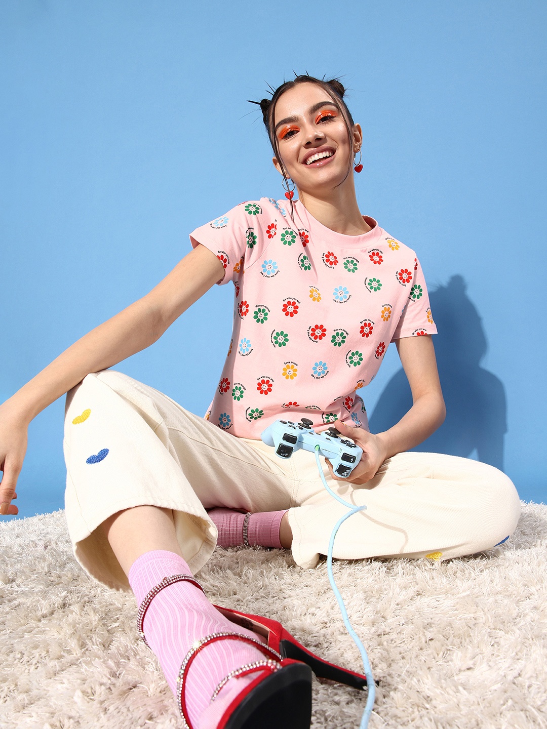 

HERE&NOW Women Pretty Pink Floral Joyful Conversation Tshirt