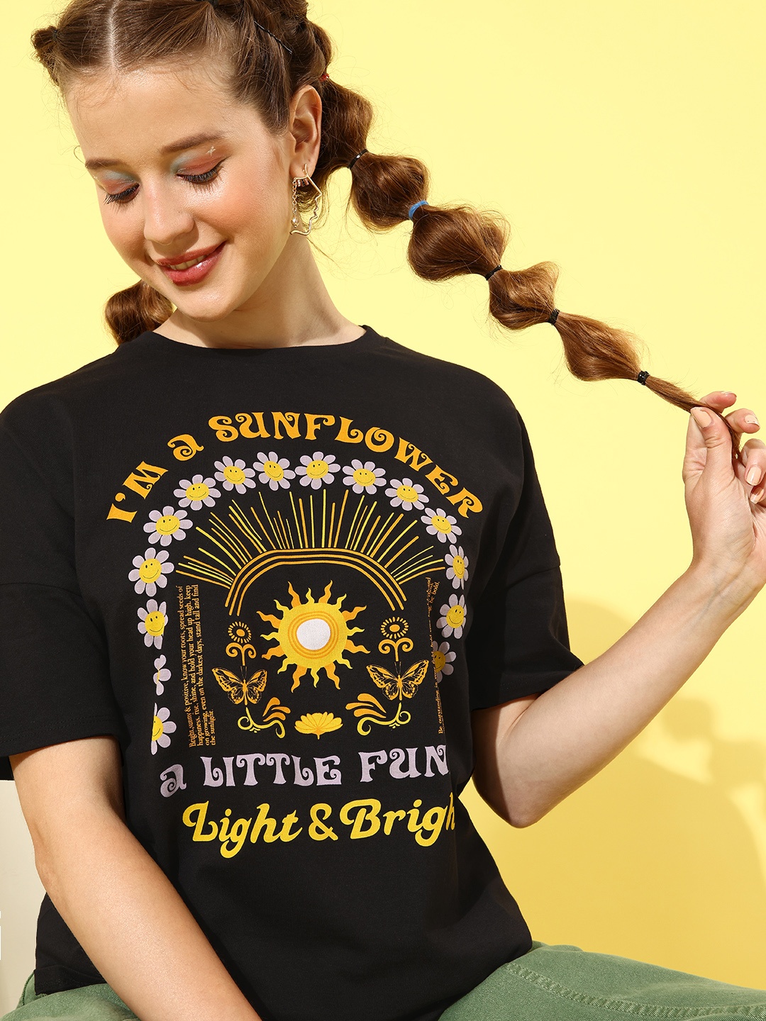 

HERE&NOW Women Black Printed Drop-Shoulder Sleeves Pure Cotton T-shirt