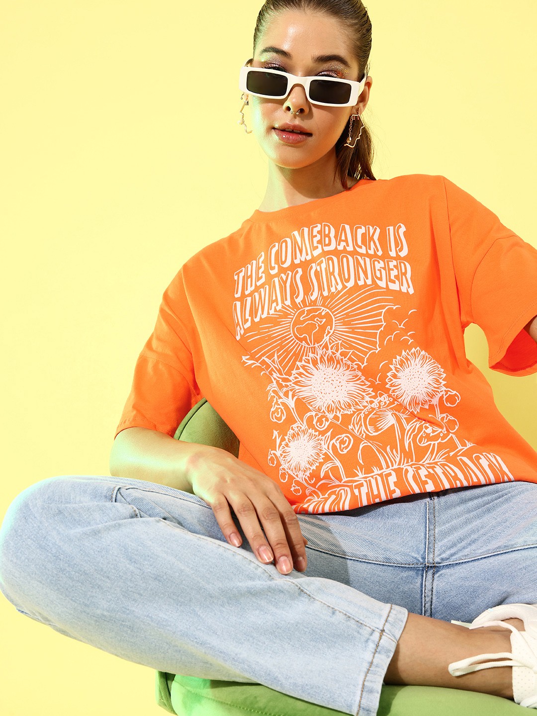 

Moda Rapido Women Orange Typography Printed Drop-Shoulder Sleeves Pure Cotton T-shirt