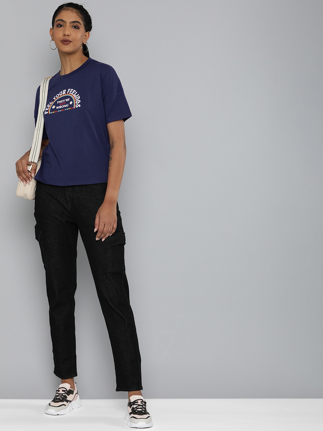 

HERE&NOW Women Navy Blue Typography Printed Extended Sleeves Pure Cotton T-shirt