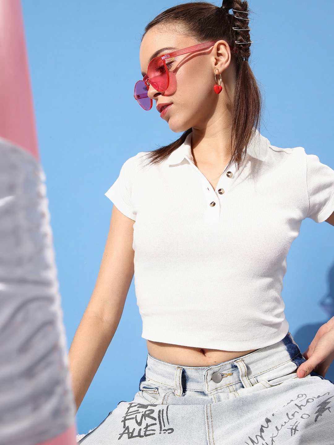 

HERE&NOW Women White Solid Cropped Polo Tshirt