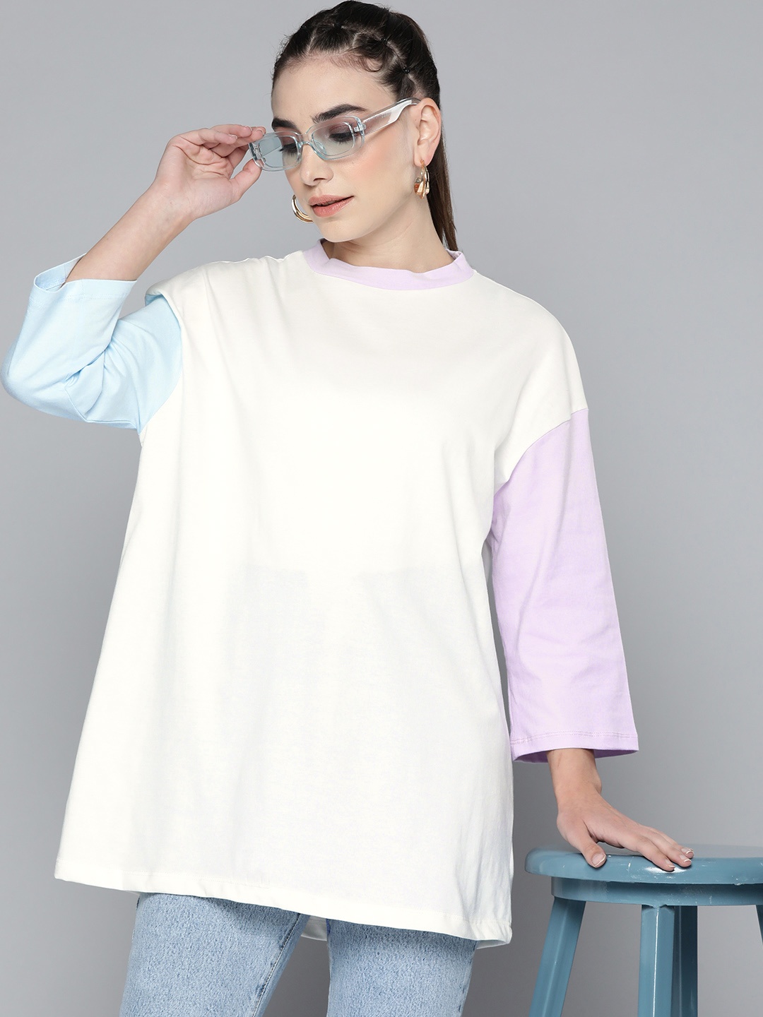 

HERE&NOW Women Cream-Coloured Drop-Shoulder Sleeves T-shirt