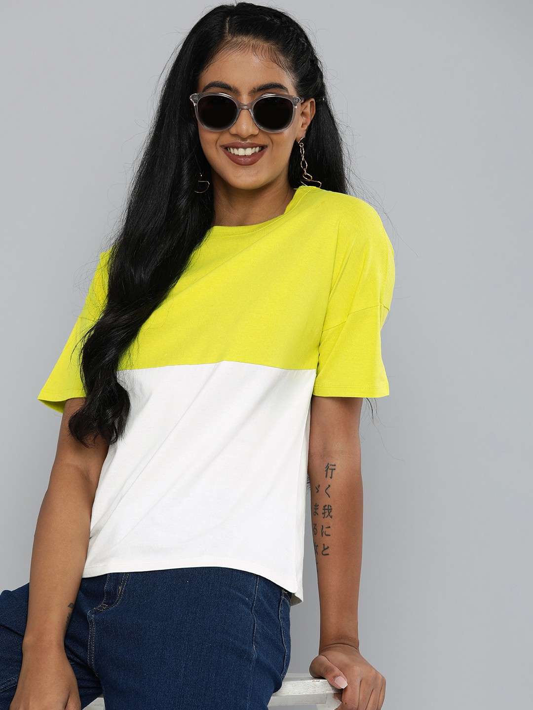 

HERE&NOW Women Yellow & White Colourblocked Extended Sleeves Pure Cotton T-shirt