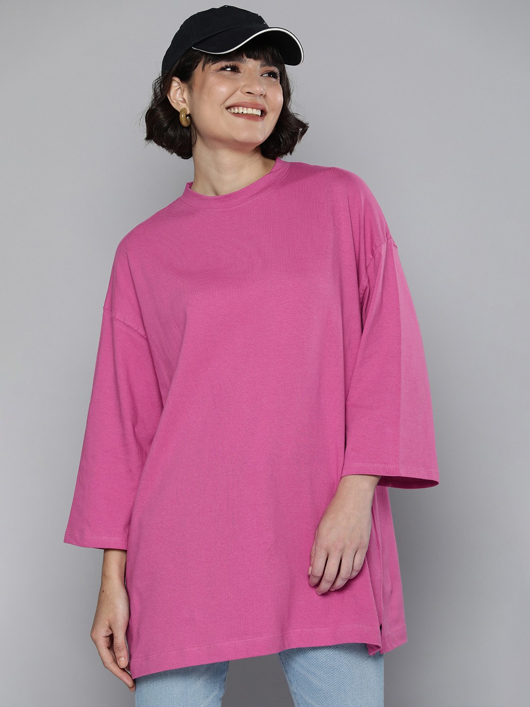 

HERE&NOW Women Pink Drop-Shoulder Sleeves Loose T-shirt