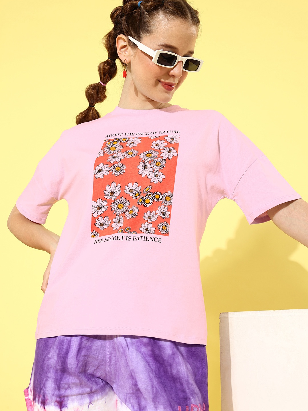

Moda Rapido Women Lavender Printed Drop-Shoulder Sleeves Pure Cotton T-shirt