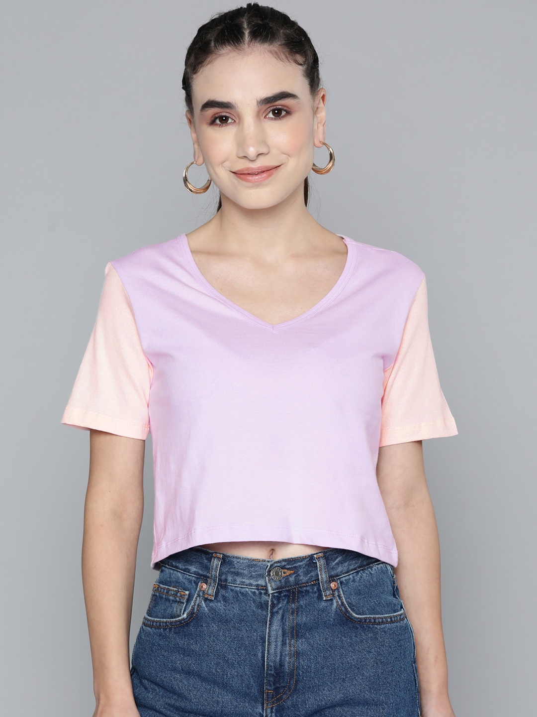 

HERE&NOW Women Lavender V-Neck Pure Cotton T-shirt