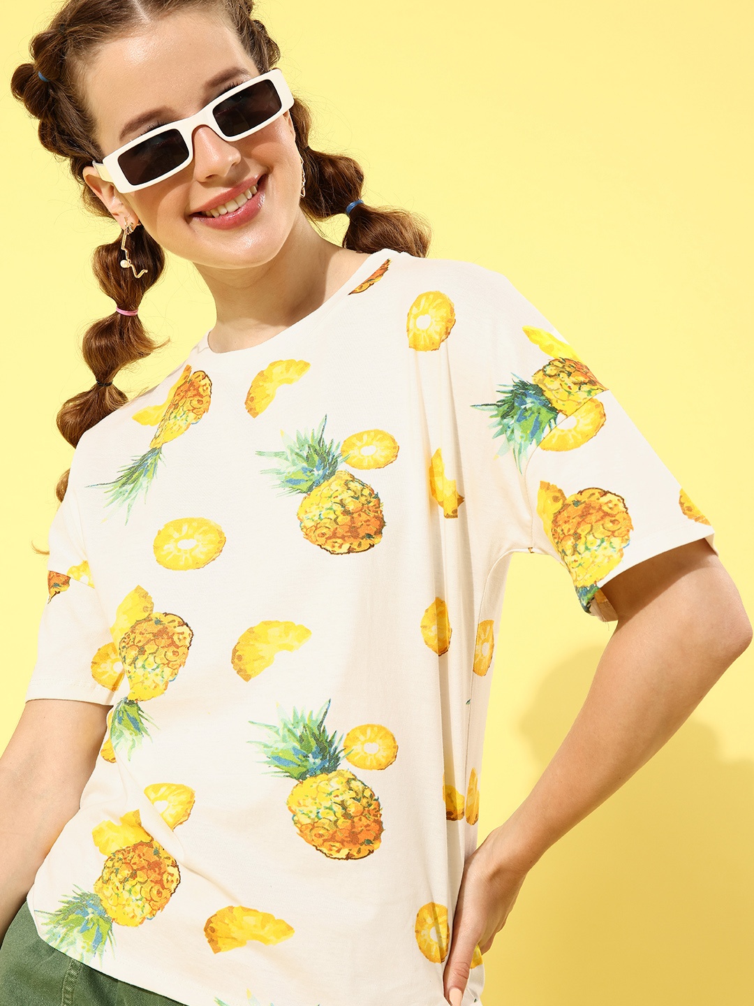 

HERE&NOW Women White & Yellow Printed Drop-Shoulder Sleeves Pure Cotton T-shirt