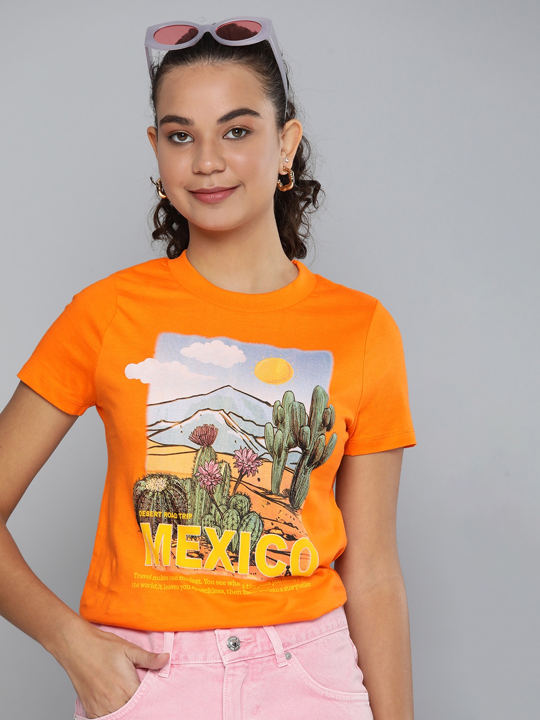 

HERE&NOW Women Orange Graphic Printed Pure Cotton T-shirt