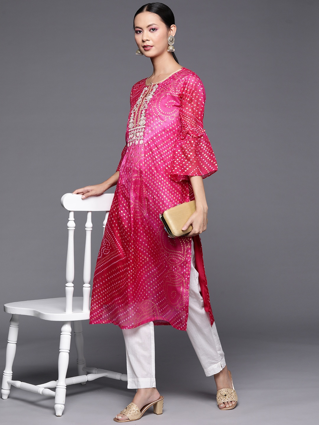 

Varanga Women Pink Bandhani Printed Pure Cotton Thread Work Kurta