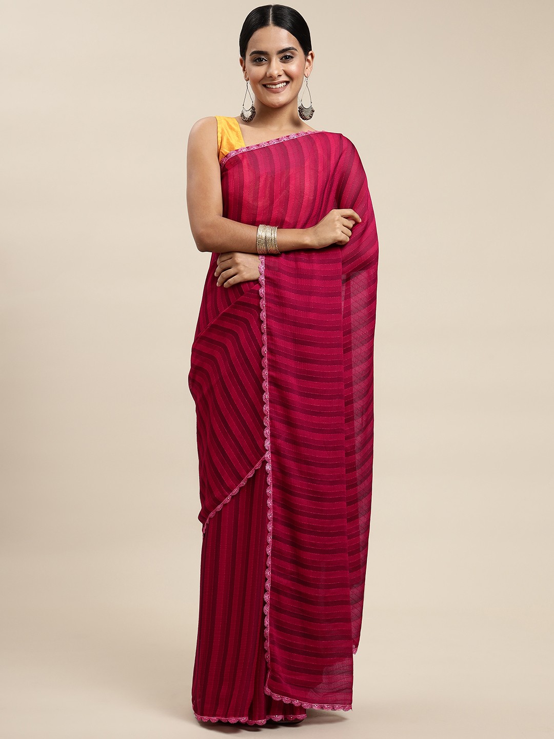 

Shaily Pink Striped Sequinned Pure Chiffon Saree