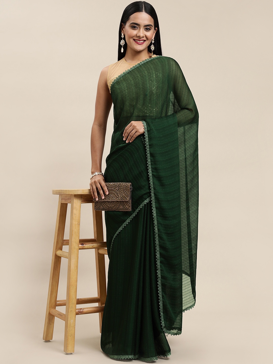 

Shaily Green Striped Sequinned Pure Chiffon Saree