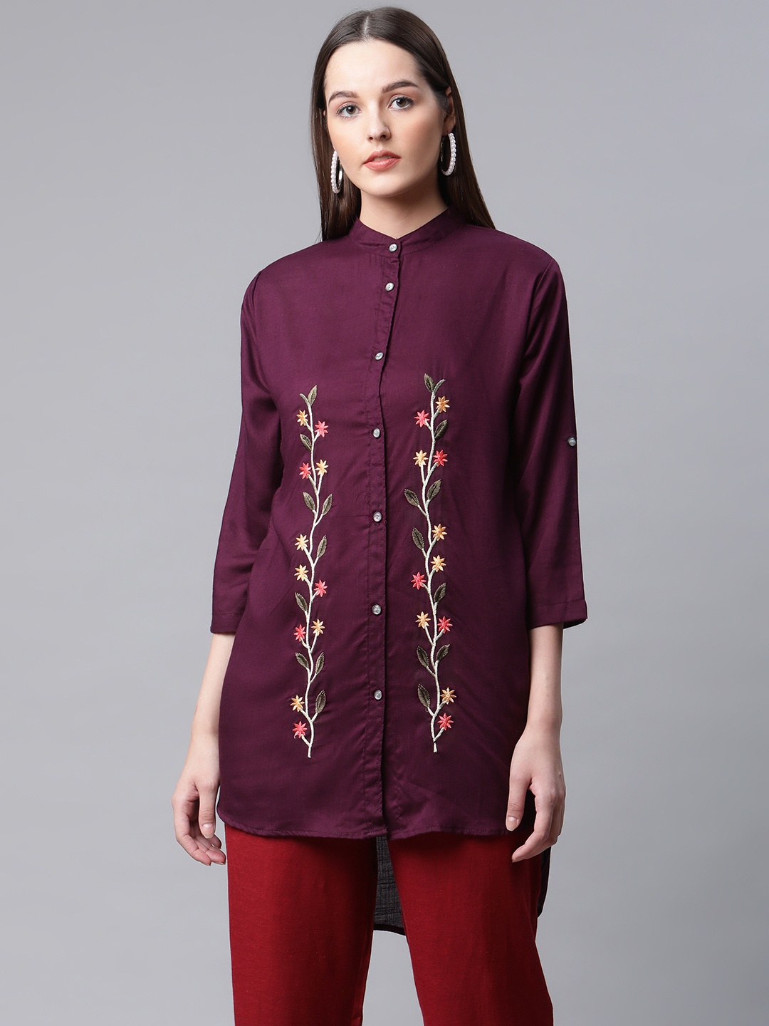 

RIVI Burgundy Floral Embroidered Mandarin Collar Roll-Up Sleeves Longline Cotton Top