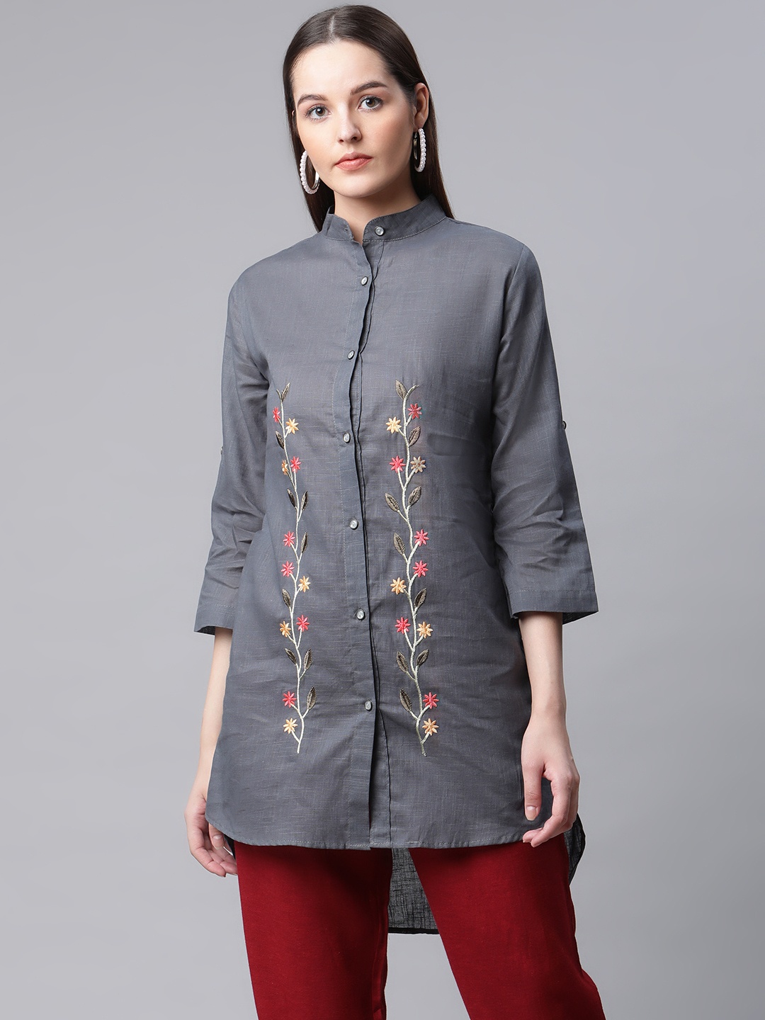 

RIVI Grey Floral Embroidered Mandarin Collar Roll-Up Sleeves Longline Cotton Top