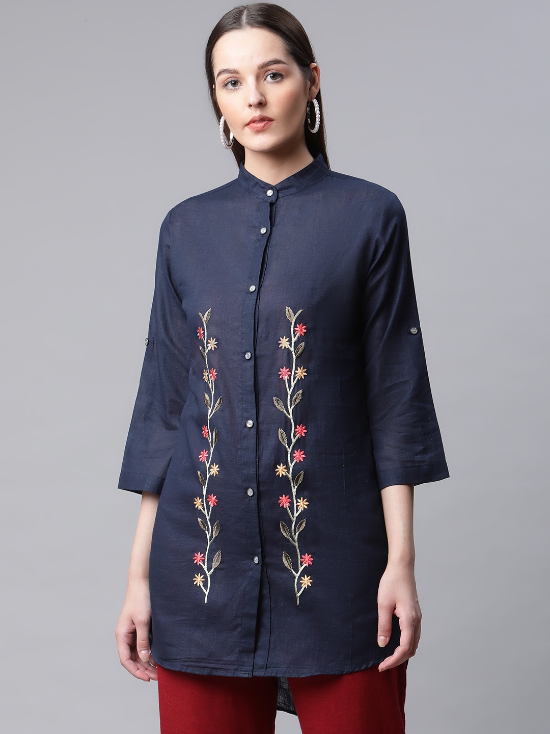 

RIVI Navy Blue Floral Embroidered Mandarin Collar Roll-Up Sleeves Longline Cotton Top