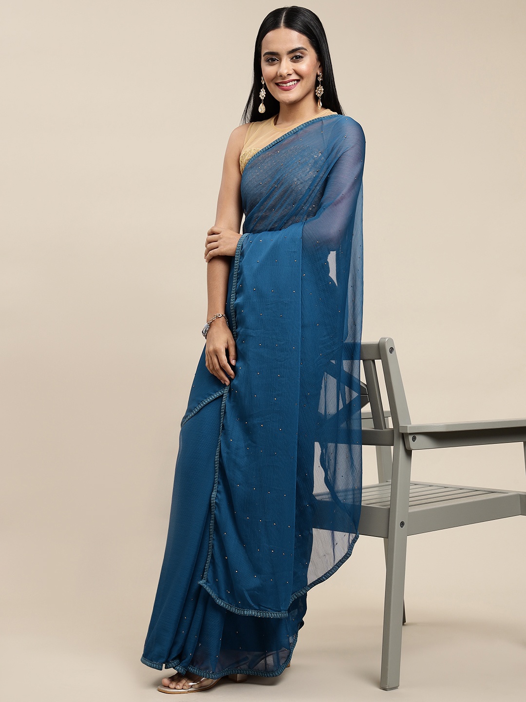 

Shaily Navy Blue Embellished Beads and Stones Pure Chiffon Saree