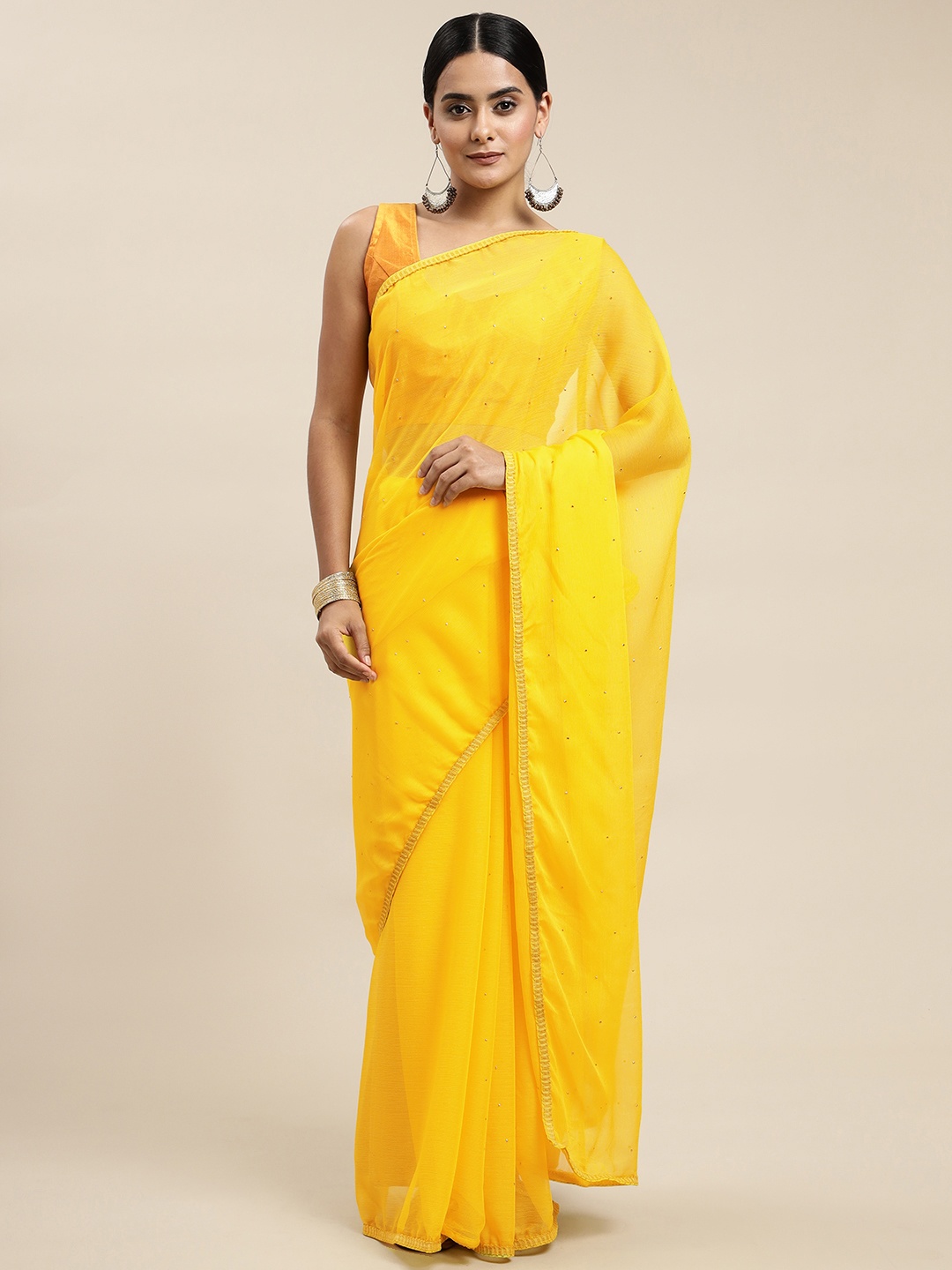 

Shaily Yellow Embellished Beads and Stones Pure Chiffon Saree
