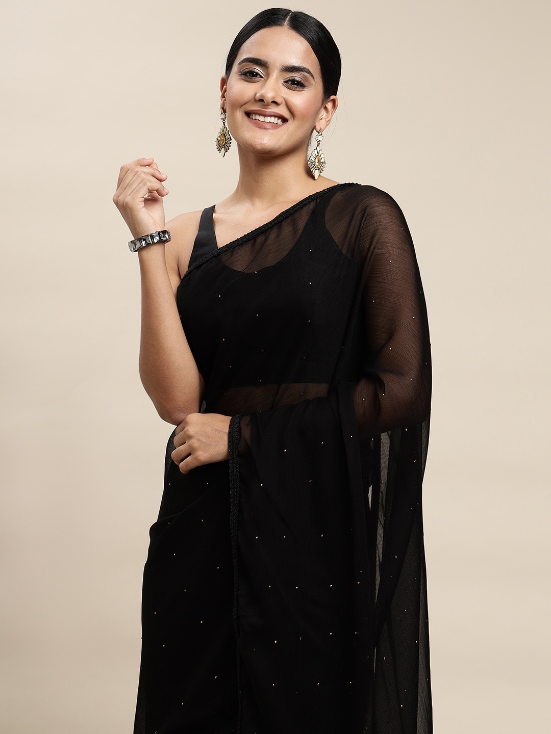 

Shaily Black Embellished Beads and Stones Pure Chiffon Saree