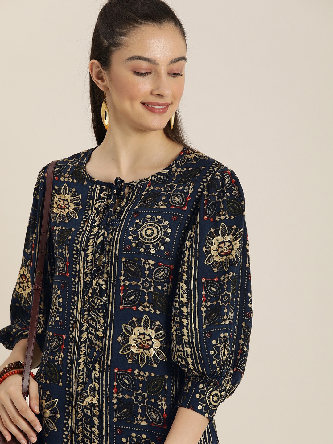 

Sangria Women Navy Blue & Beige Ethnic Motifs Printed Kurta