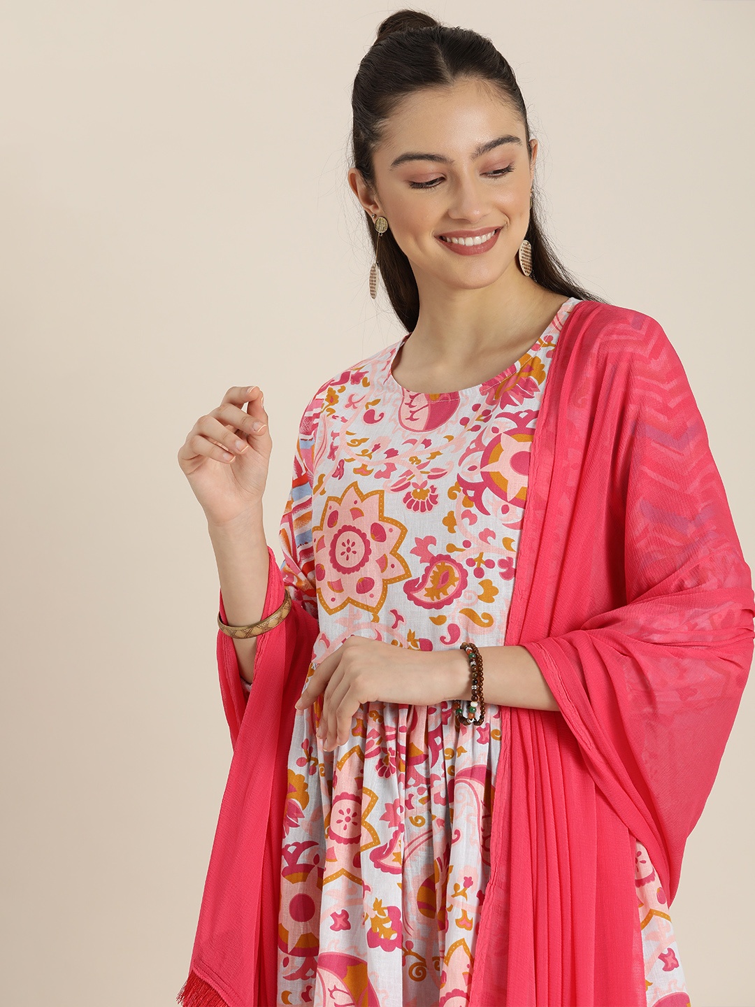 

Sangria Women Printed Pleated Pure Cotton Kurta with Trousers & With Dupatta, Blue