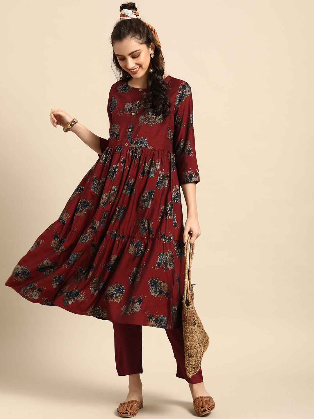 

Sangria Red Floral Printed Kurta with Trousers