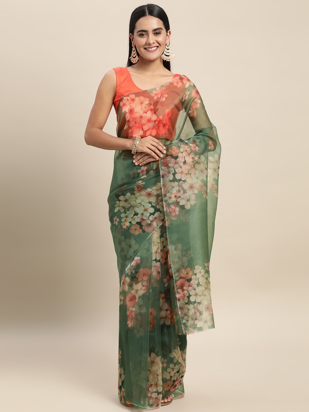 

Mitera Green & Peach-Coloured Floral Organza Saree