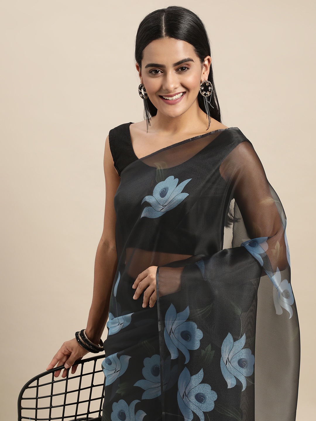 

Mitera Black & Blue Floral Organza Saree