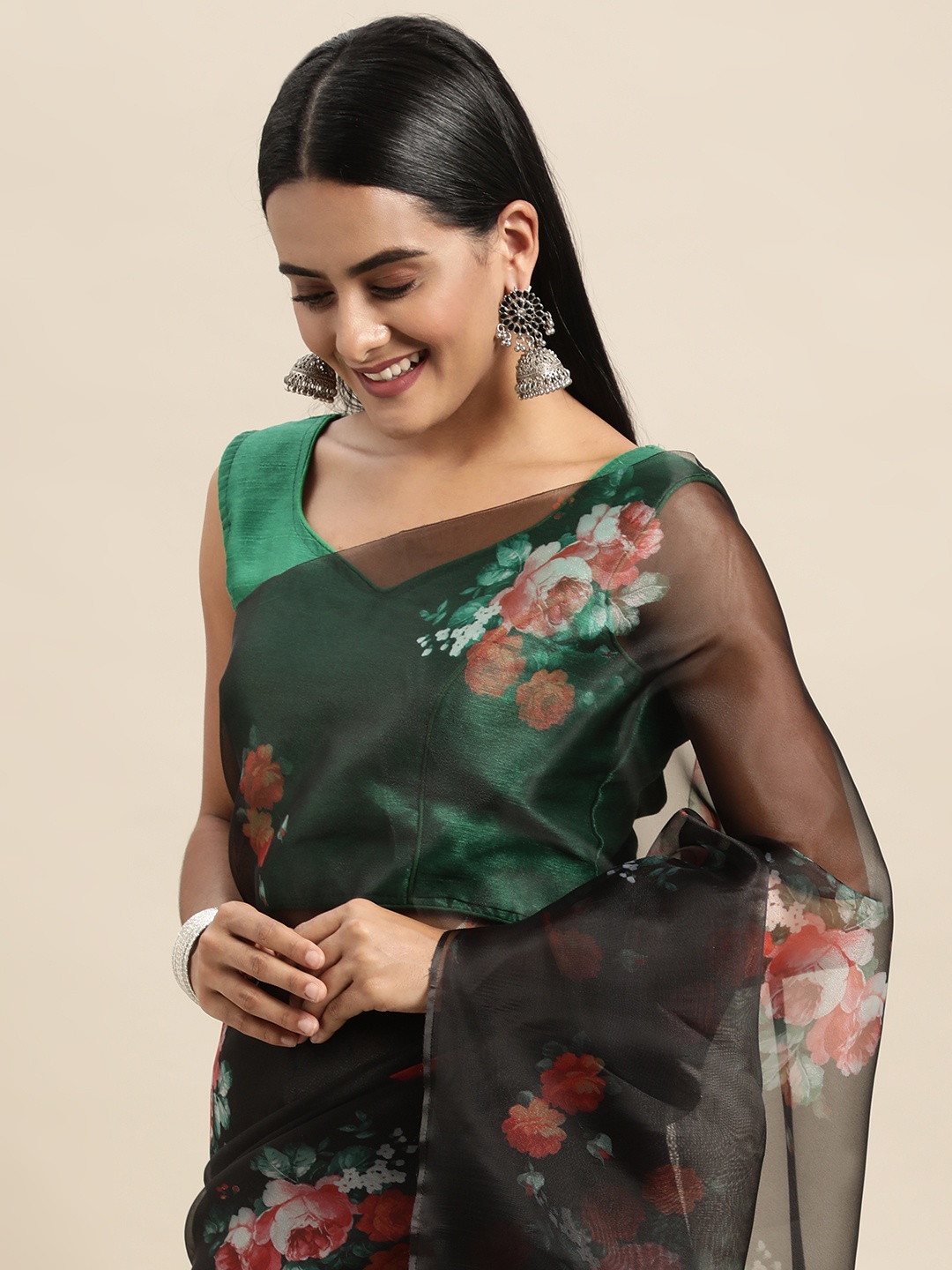 

Mitera Black & Green Floral Organza Saree